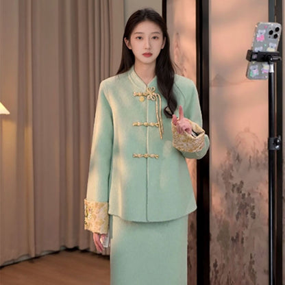 Winter  new national style cuffs high-end embroidery fashion temperament national style jacket skirt set women MY110