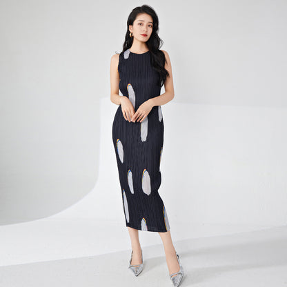 counter dress women's summer high-quality temperament printed sleeveless long elegant one-step hip-wrap skirt