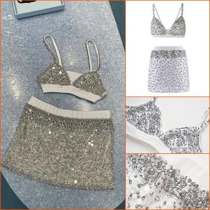 Bead vest suspender women's summer pure desire short neck spice girl top high waist skirt suit women's L5011