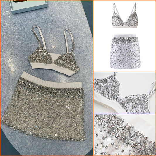 Bead vest suspender women's summer pure desire short neck spice girl top high waist skirt suit women's L5011