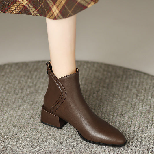 2025  Retro brown pointed thick heel short boots women's popular new spring and autumn single boots British style medium heel Chelsea boots