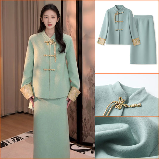 Winter  new national style cuffs high-end embroidery fashion temperament national style jacket skirt set women MY110