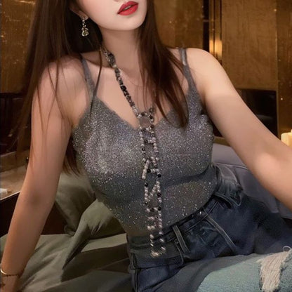 Liu Wen same small short thin bright silk knitted sweater autumn new design niche top K6053