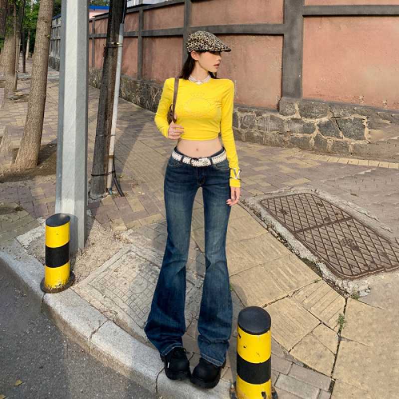 qgtao 2000s fashion American Retro Low Waist Hot Girl Flared Pants Slim Slimming Stretch Jeans Women's Autumn and Winter Trousers Lengthened