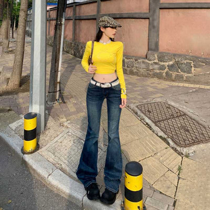 qgtao 2000s fashion American Retro Low Waist Hot Girl Flared Pants Slim Slimming Stretch Jeans Women's Autumn and Winter Trousers Lengthened