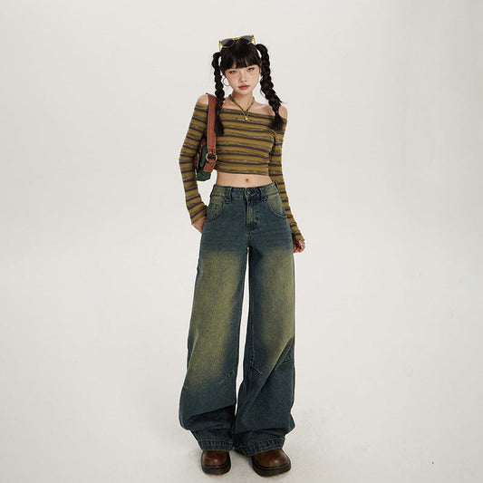 qgtao y2k outfits American Retro Nostalgic Low Waist Loose Wide Leg Pants Autumn and Winter New Straight Jeans Women &amp; Trousers Lengthened