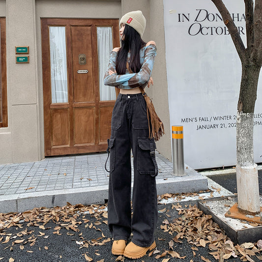 2025 n high street retro overalls jeans women's summer high waist loose wide leg casual pants straight pants long pants
