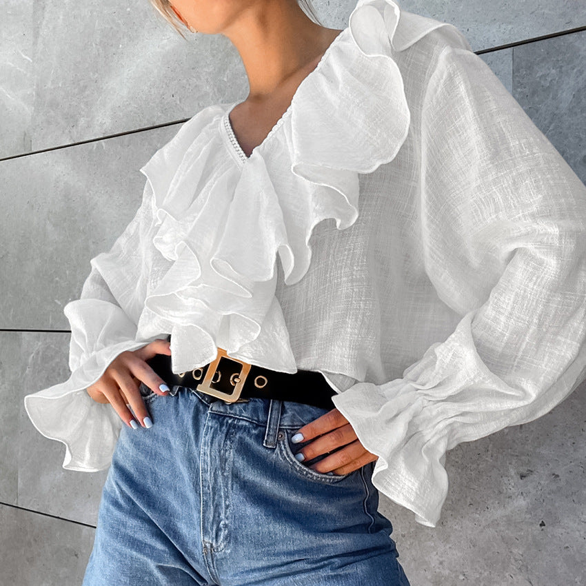 2025 popular  pure cotton lace fashionable and sexy V-neck shoulder sleeves autumn and winter retro niche ruffle edge women's shirt