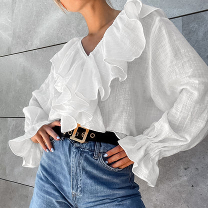 2025 popular  pure cotton lace fashionable and sexy V-neck shoulder sleeves autumn and winter retro niche ruffle edge women's shirt
