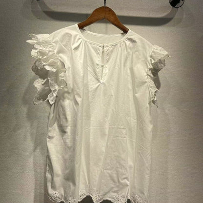 2025 Small women's clothing popular new sweet hollow embroidery age-reducing lace small flying sleeve shirt women's summer 31425