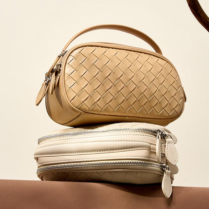 2025 Fashion woven versatile women's bag leather double zipper shoulder bag  summer new portable casual bag