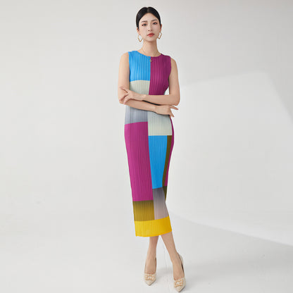 dress high sense light luxury summer contrasting color sleeveless medium and long design sense niche temperament elegant straight skirt