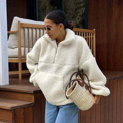 2025 Autumn and winter personalized fashion beige knitted casual lamb wool small stand-up collar lantern sleeve New plush loose sweater women
