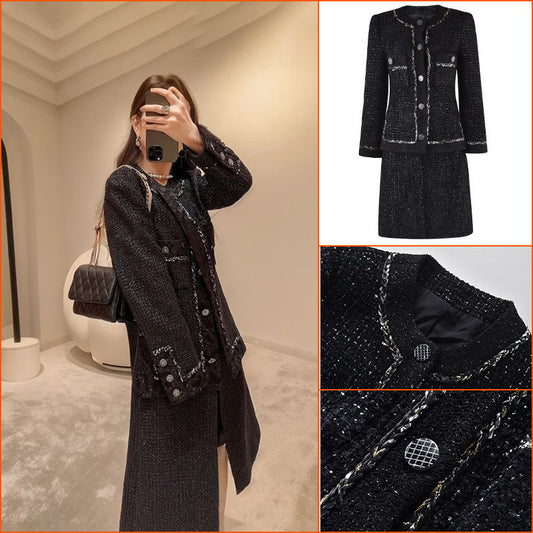 Hepburn style medium and long woolen coat women's autumn and winter women's clothing design sense bright silk tweed coat K6072