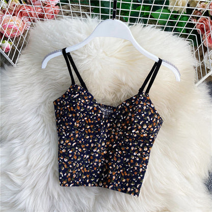 qgtao outfit inspo Small Floral V-neck Short Sexy Tube Top off-the-Shoulder Slim Inner Strap Sleeveless Wrapped Chest Vest Outer Top for Women