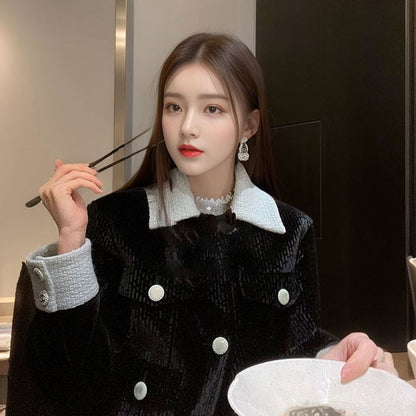 temperament wind single-breasted contrasting color splicing short coat women's autumn and winter retro black blazer K7151