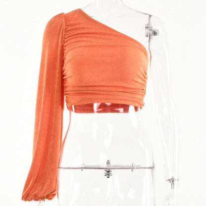 2025  ins fashionable and sexy women's tops  summer new slanted shoulder long-sleeved solid color pleated slim-fit small vest