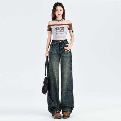 2025 Cement gray jeans women's autumn popular new high waist thin ripped straight narrow version mopping small pants