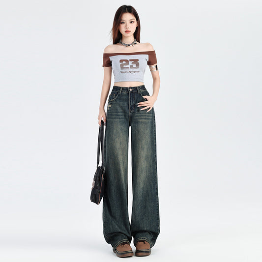 2025 Cement gray jeans women's autumn popular new high waist thin ripped straight narrow version mopping small pants