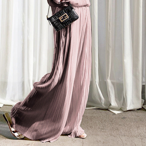 2025 popular autumn and winter new long-sleeved lapel pleated shirt women's wide-leg mopping floor drape pleated trousers set solid color