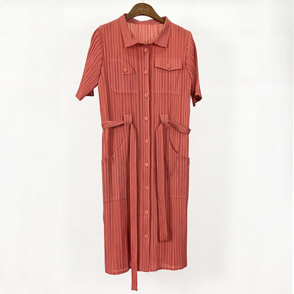 Large size dress 2025 spring new clothing slim high waist solid color pleated lapel medium and long wholesale women's clothing