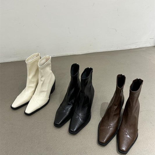 2025  popular autumn and winter new 2025 style square head thick heel high heel short boots women's retro versatile rear zipper fashion Martin boots