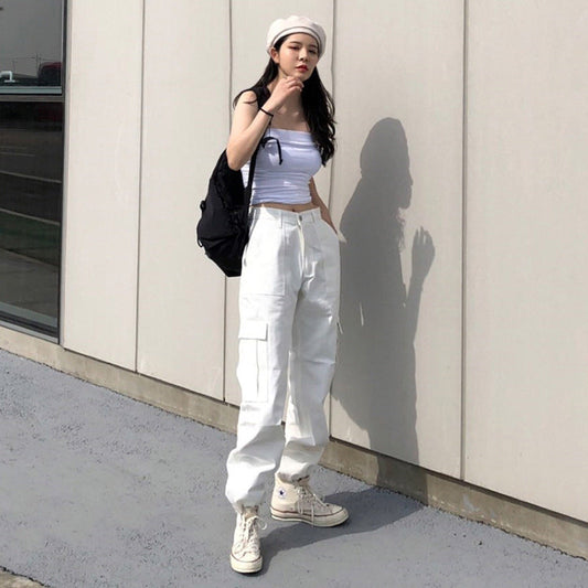 qgtao going out outfits Street Retro High Waist Slimming Large Pocket Drawstring Overalls Straight Casual Pants Ankle-Tied Pants Trousers for Women