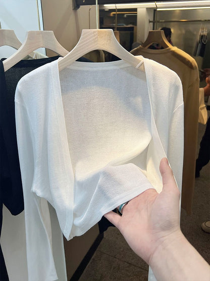 White short ice silk knitted cardigan women's thin 2025 summer suspender skirt with tulle jacket outside, air-conditioned blouse
