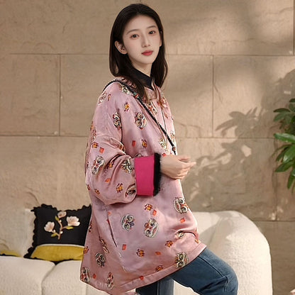 New Chinese style national style autumn and winter loose and comfortable round neck silk design cotton dress jacket women MY014