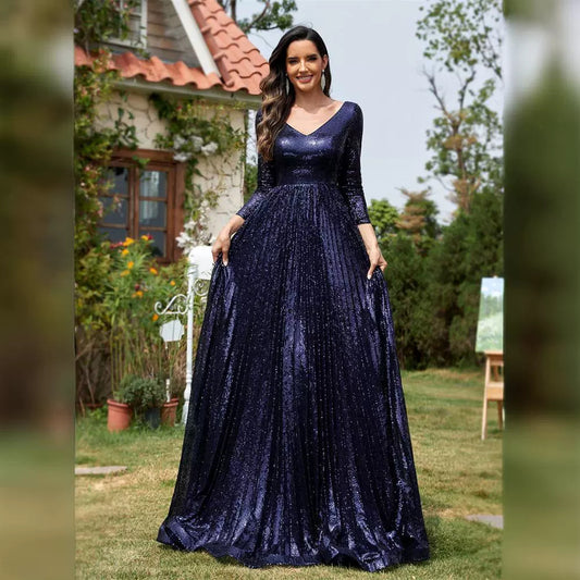2025dresses  new elegant sequins V-neck long sleeves fashion trend banquet dresses factory supply