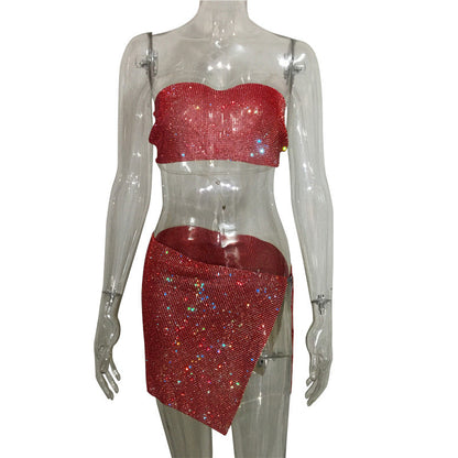 qgtao dti outfits Fashion Nightclub Women's Personalized Rhinestone Metal Tube Top Skirt Suit Hot Girl Flash Diamond Top