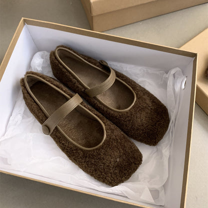 2025  retro square head velvet Mary Jane shoes for women popular new Korean version fairy style flat bottom fluffy shoes for women outside