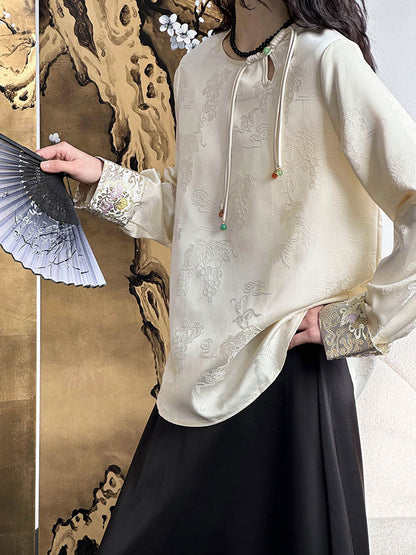 2025 , new Chinese shirt, retro national style buckle hollow satin jacquard top popular early spring new 99807