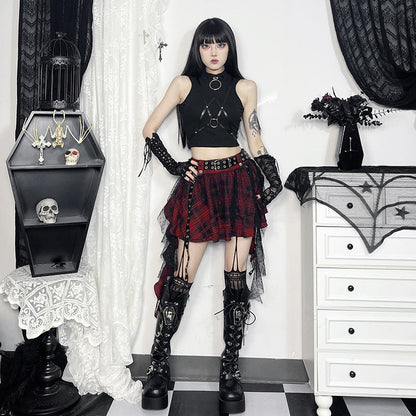 qgtao y2k Summer 2024 New Dark Style Sexy Black Plaid Polka Dot Mesh Irregular Pettiskirt for Women