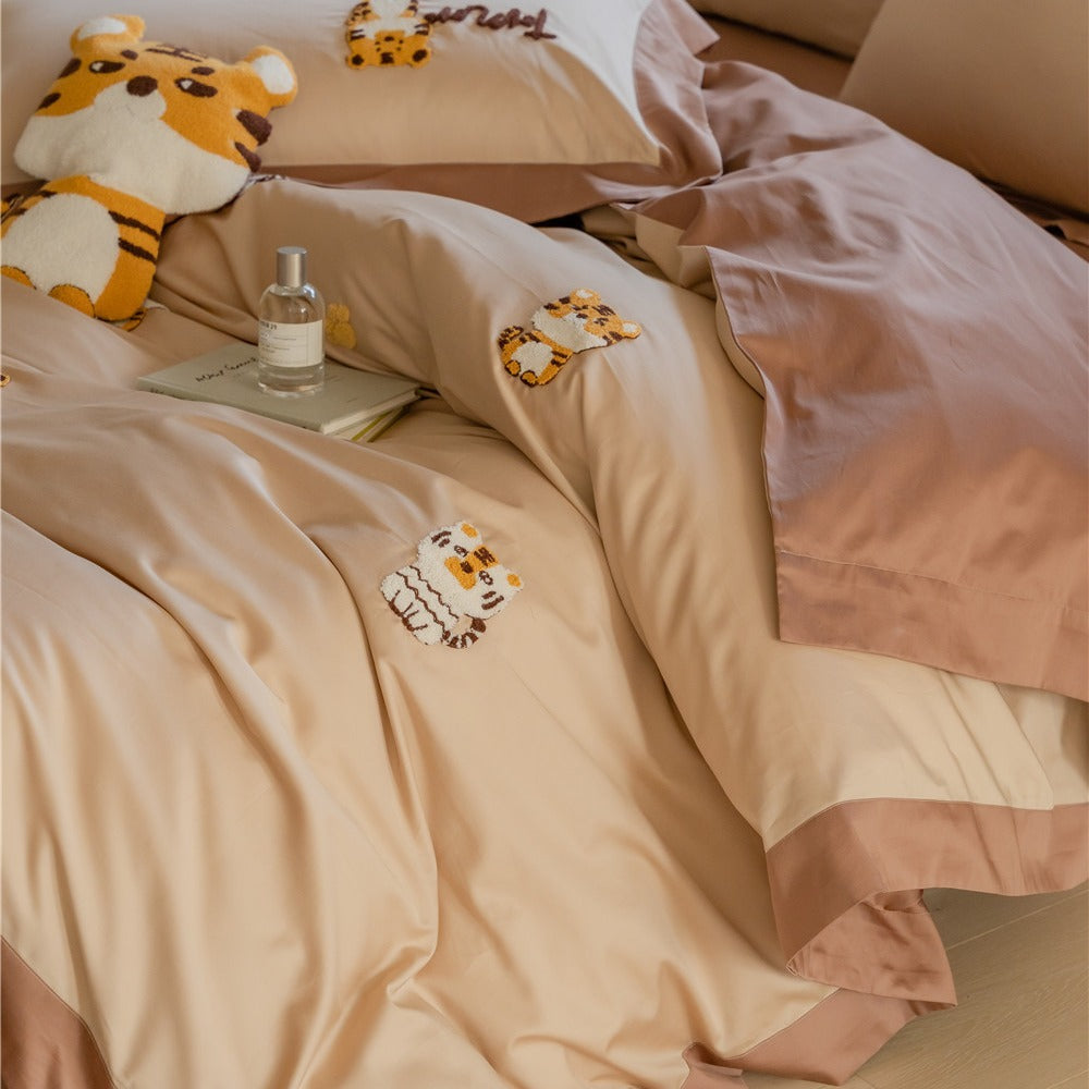 Yeknu Cute Cartoon Tiger Towel Embroidered Cotton Four-Piece Set 100 Long-Staple Cotton Quilt Cover Bed Sheet Fitted Sheet Bedding Set