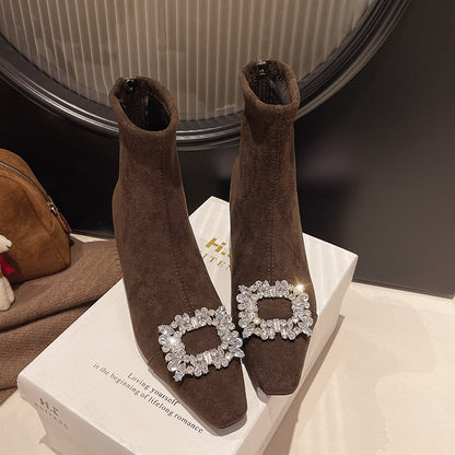 2025  Elastic thin boots women's popular winter new pointed rhinestone square buckle fashion velvet warm thin high-heeled short boots