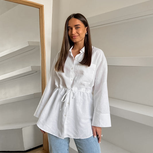 2025 Popularan, n spring and summer fashion simple design sense white cotton and linen loose lapel tie niche versatile women's shirt