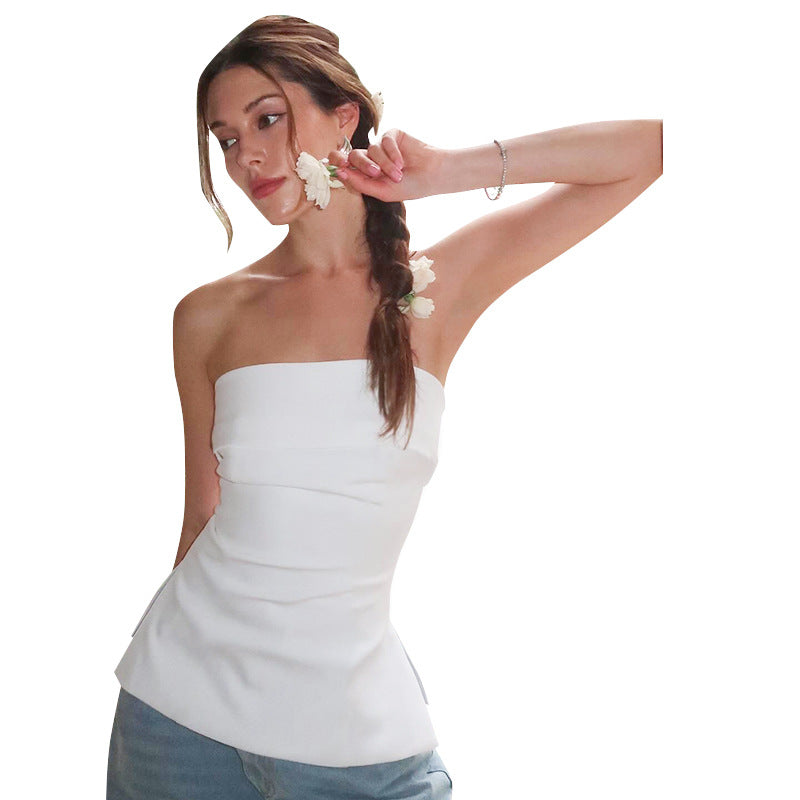 qgtao going out outfits  Women's Summer New Solid Color Sleeveless Backless Wide Lapel Slit Tube Top Sexy Top for Women