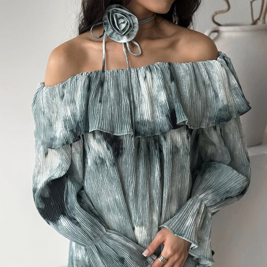 2025 Spring and summer fashion national style flower casual printing crepe one-word collar shirt  lace-up loose horn sleeve top