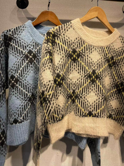 2025 GA Nordic women's clothing manufacturer autumn and winter women's sweater plaid profile round neck wool blended knitted pullover sweater women