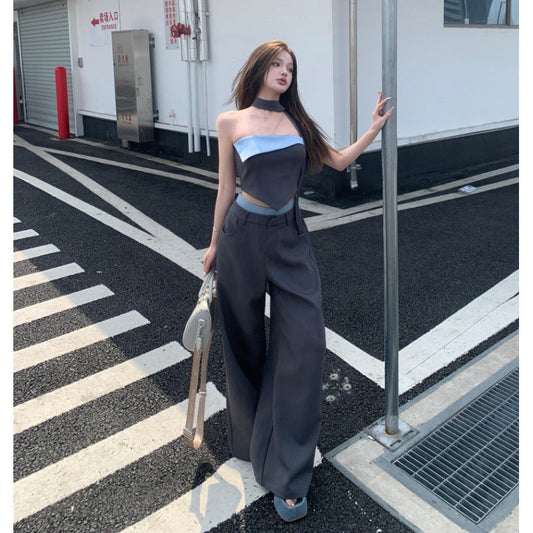 qgtao crop top Hot Girl Royal Sister Suit Women's Contrast Color Flanging Tube Top Wide Leg Suit Pants Two-Piece Set