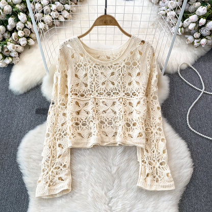 qgtao outfit inspo Long Sleeve Round Neck Hollow-out Crocheted Sweet Sweater Korean Style round Neck Fashion Casual Seaside Vacation Long Sleeve Top for Women