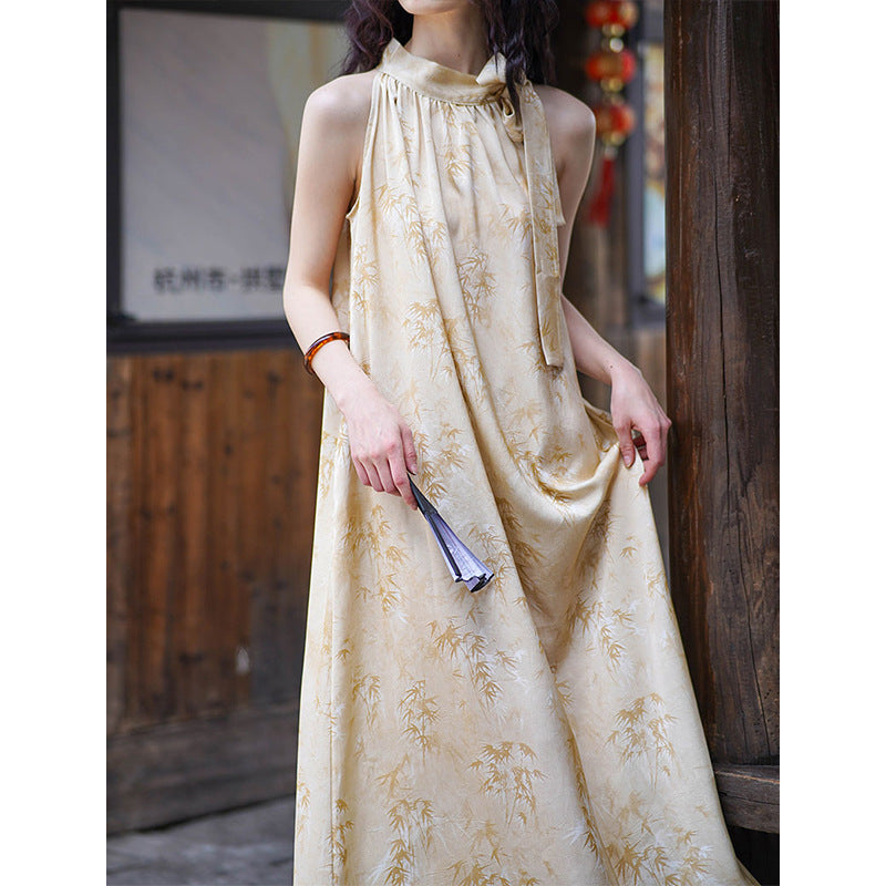 2025 popular Spring and Summer [Jiangnan Misty Rain] Neck Dress Women's New Retro National Style Suspender Dress 1597