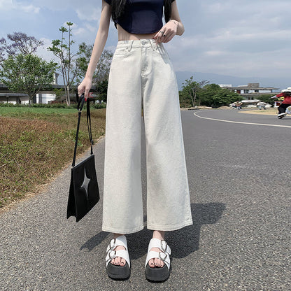 2025 Sand white jeans women's new high-waisted and thin loose-legged small nine-point banana pants in the summer of popular