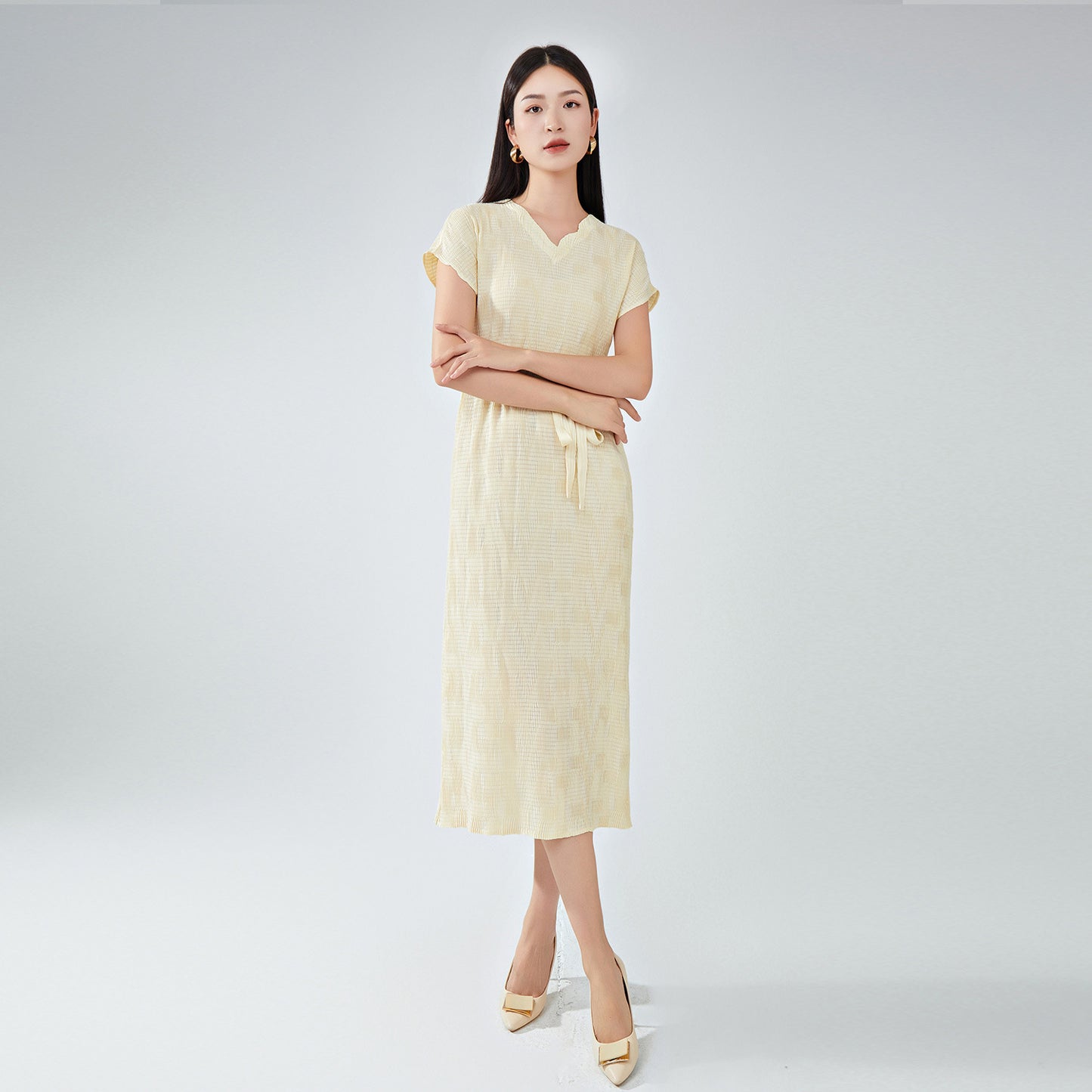 summer dress women's high-end new v-neck short-sleeved loose lace-up fashion temperament versatile medium and long dress