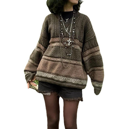 qgtao grunge outfits American Retro Mori Girl V-neck Lace Pattern Contrast Color Soft Glutinous Loose Top Lazy Style Autumn and Winter All-Matching Sweater