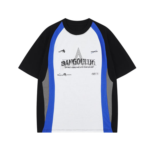 2025 1024 2025n Street Tide 2025 Summer Neutral Premium Sense Splicing Letter Map Design Men's Loose Short Sleeve T-Shirt