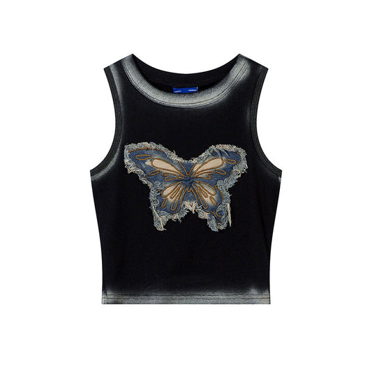 qgtao 2000s fashion Tkpa American Hot Girl Style U-Neck Camisole Women's Summer Butterfly Patch Embroidered Retro Vest