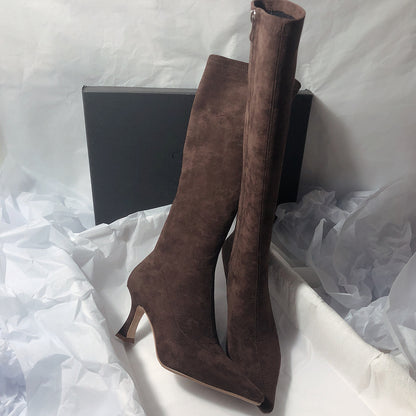 2025  Korean version of simple long boots but knee elastic boots matte thin boots side zipper pointed high heel boots