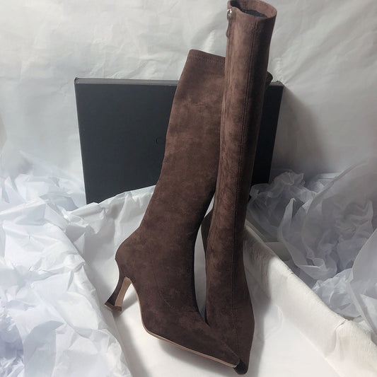 2025  Korean version of simple long boots but knee elastic boots matte thin boots side zipper pointed high heel boots